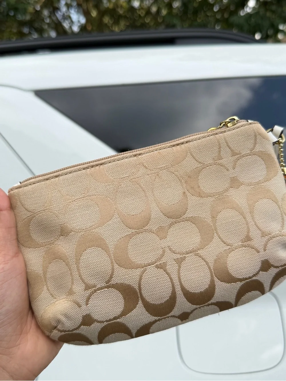 Coach Beige Signature Canvas Wristlet with Turnlock